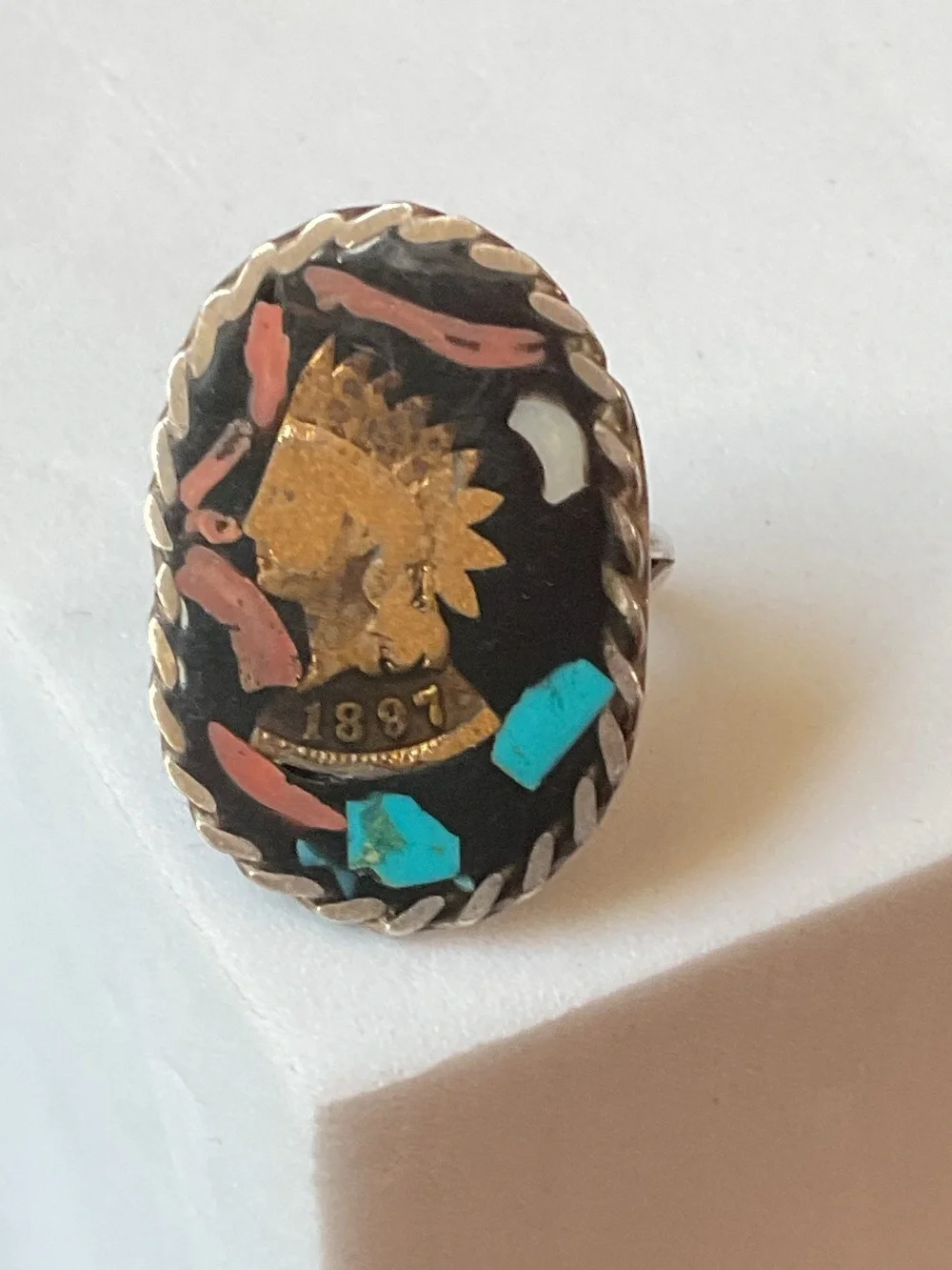 Vintage Sterling Native American Coin Gemstone Mosaic Inlay Ring Size 5.25